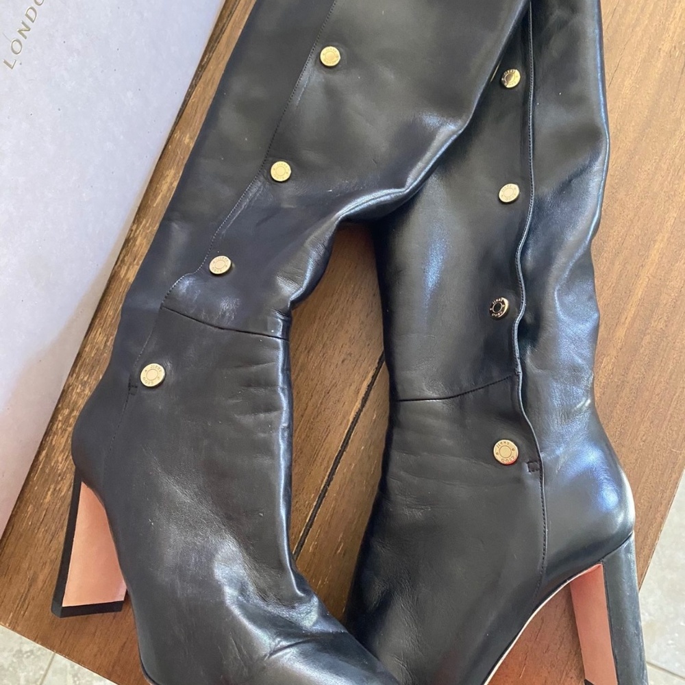 Jimmy Choo Black Leather Knee-High Heeled Boots with Gold Buttons